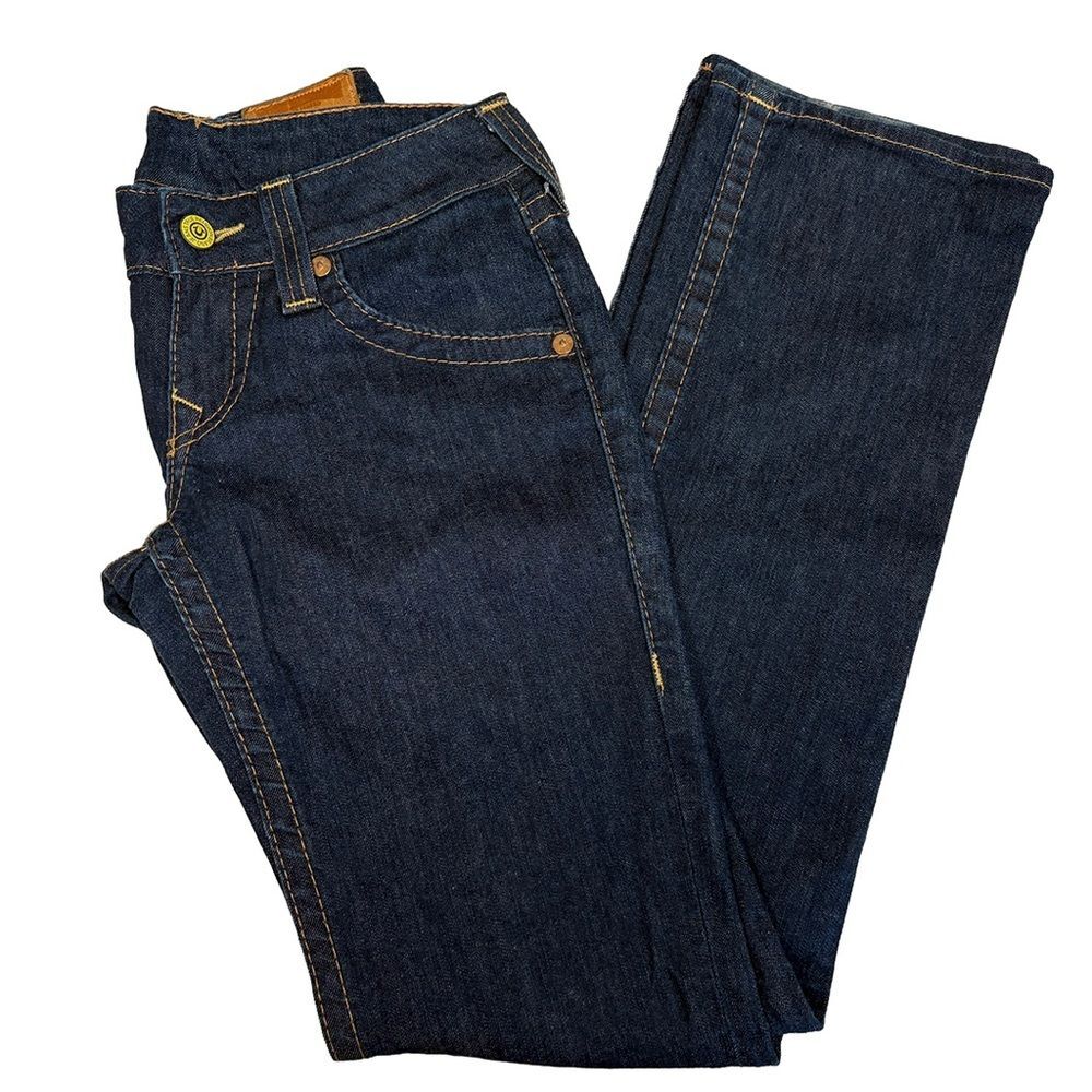 True Religion Dark Wash Bootcut Jeans | Yellow Stitch Low Rise Y2K Denim